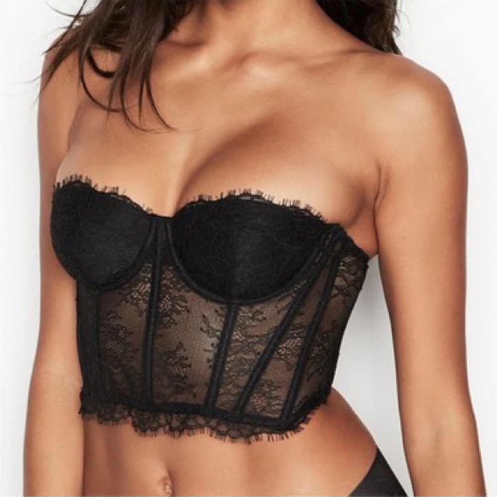 Victoria's Secret Dream Angels Unpadded Black Lace Longline Bustier Bra / Corset